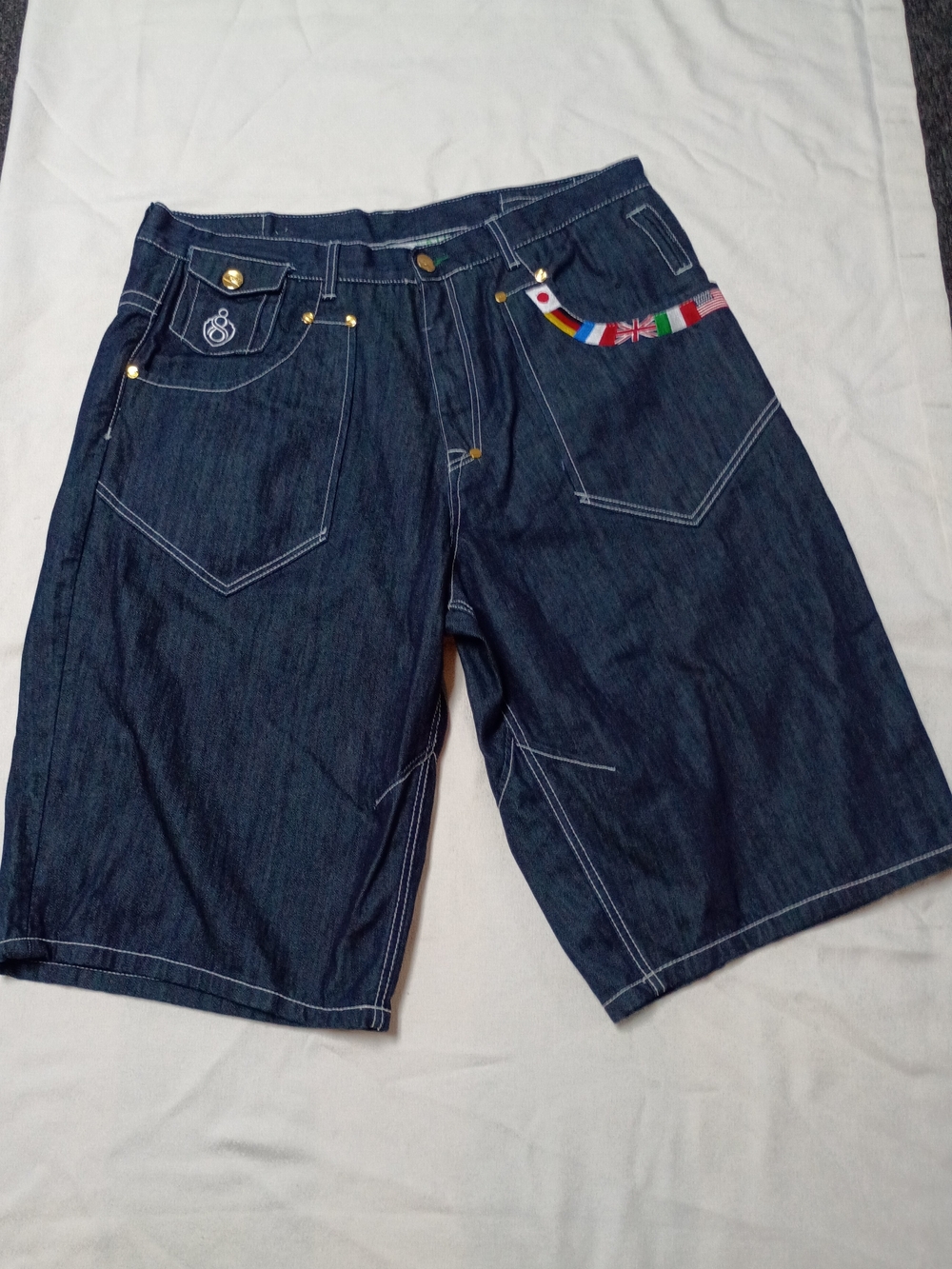 Eight 732 Y2K Men's Dark Blue Denim Shorts with Flag Accent